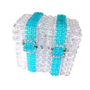 Handcrafted Beaded musical Jewelry trinket Box With Clear & Turquoise Beads